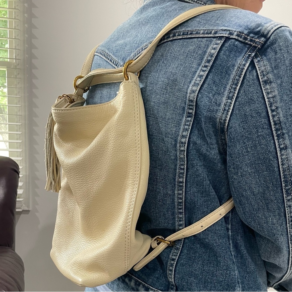 HOBO Cream Leather Hobo Backpack with Tassel - Picture 7 of 12